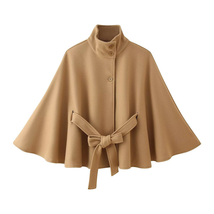 Damen 2900+ eleganter kurzer Cape‑Umhang mit Stehkragen, Knopfleiste und Taillenband Drune