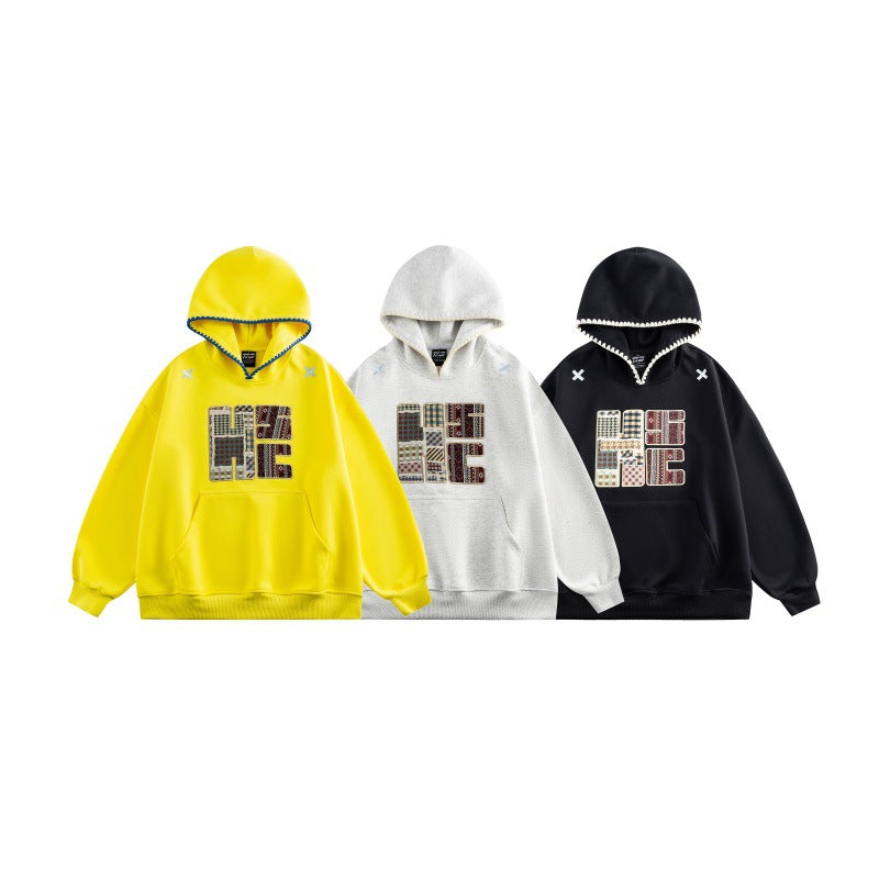 Unisex Weit geschnittener Kapuzenpullover mit Patchwork-Applikation und Kängurutasche Drune