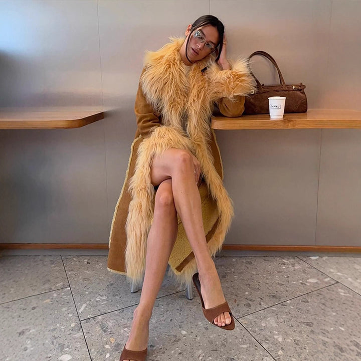 Damen Langer Shearling‑Imitatmantel mit voluminösem Schalkragen und Plüschmanschetten Drune
