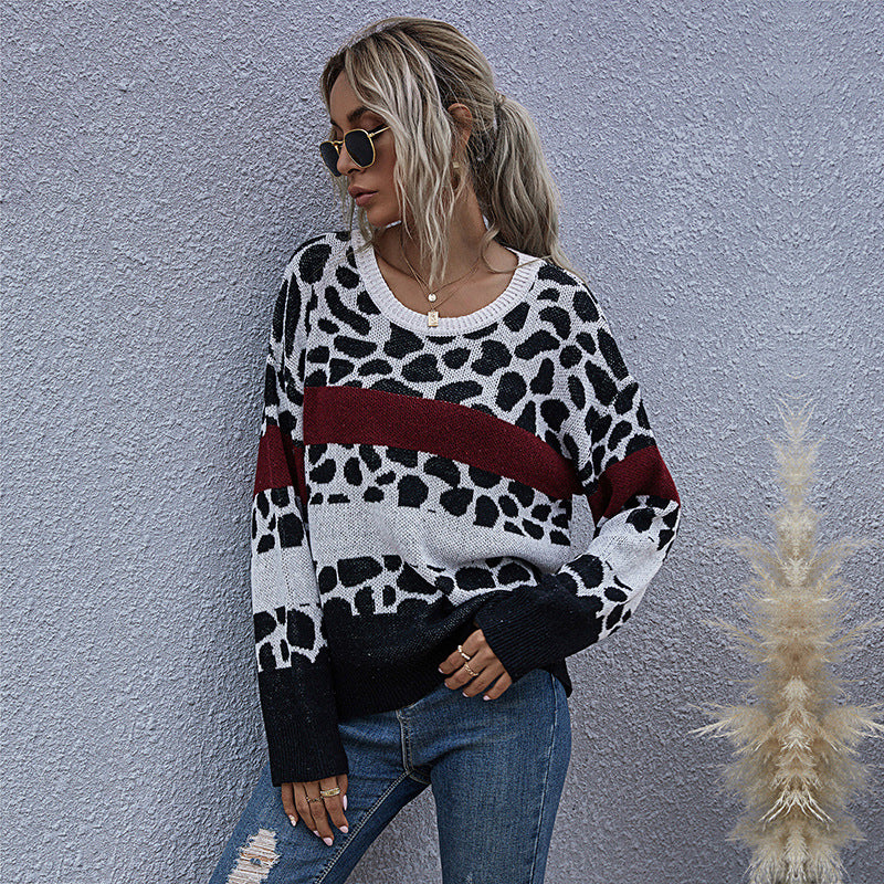 Damen Oversize-Strickpullover mit Leo-Jacquard, Colorblock-Streifen & gerippten Abschlüssen Drune