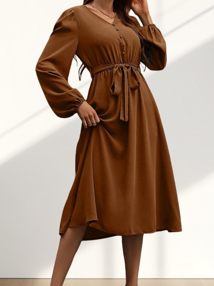 Damen Midikleid mit Taillengürtel und Knopfdetails Drune