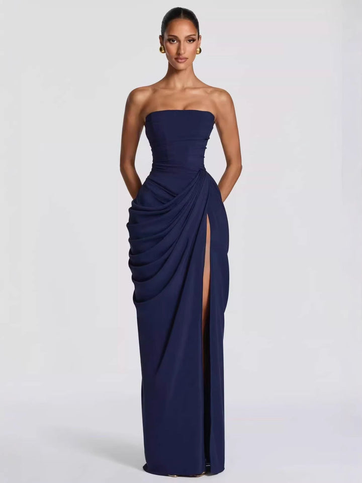 Damen Elegantes Bandeau Abendkleid mit Raffungen und Beinschlitz Drune