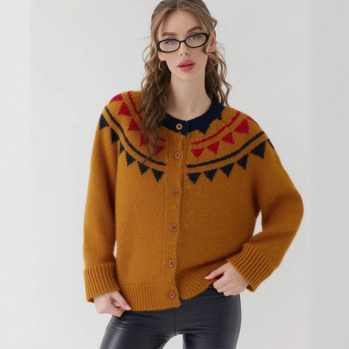 Damen kuscheliger Strickcardigan mit grafischem Norweger-Muster und Holzknopfdetails Drune