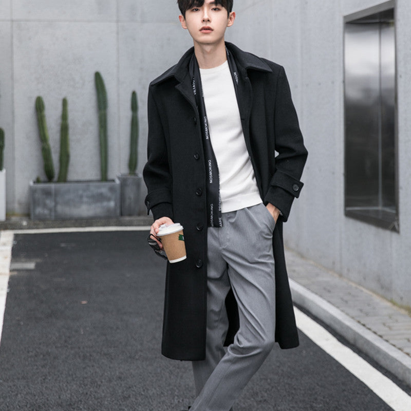 Herren Longcoat aus Wollmix mit verdeckter Knopfleiste Taillengürtel und klassischem Revers Drune