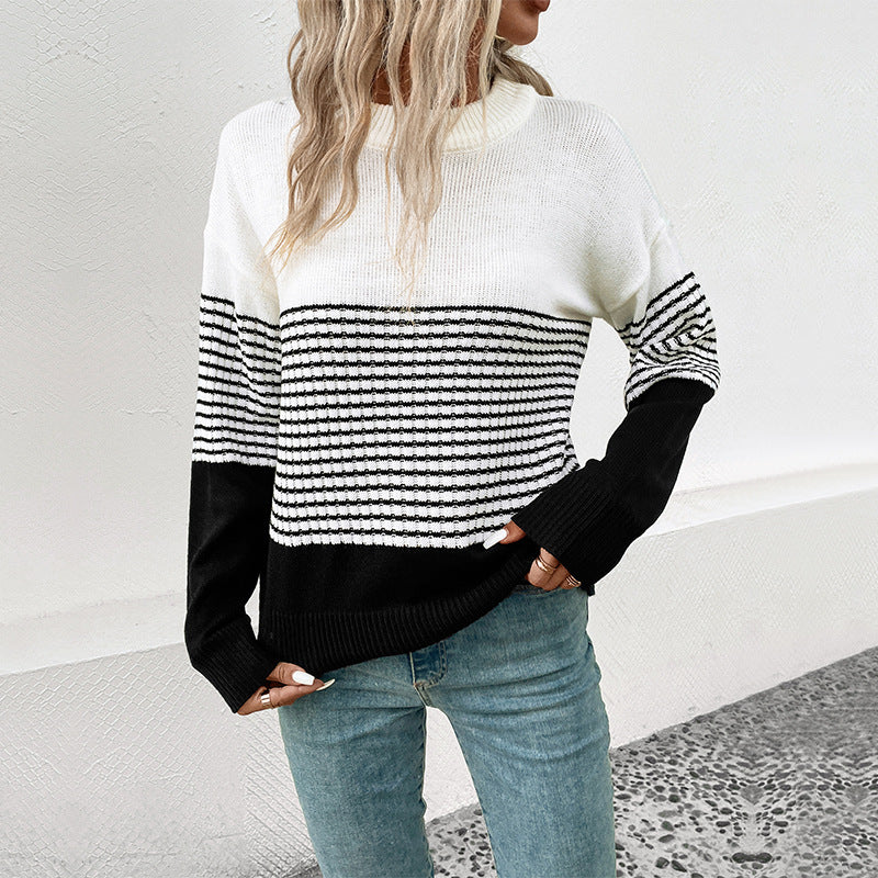 Damen lässiger Strickpullover mit gestreiften Details und weitem Schnitt Drune