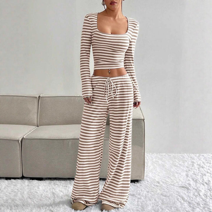 Damen Gestreifter Lounge-Zweiteiler mit weitem Bein und Cropped Langarmtop Drune