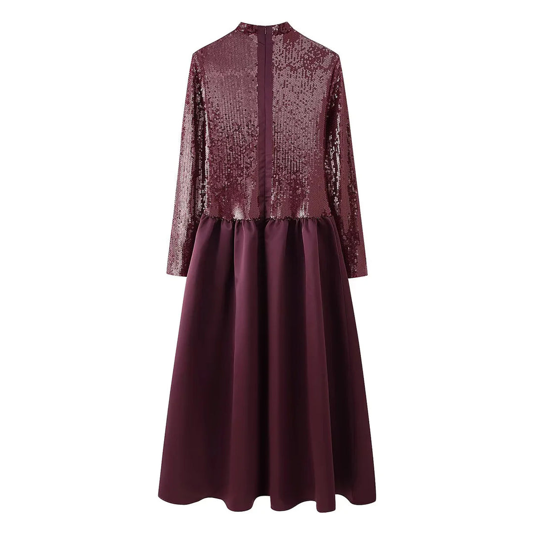 Damen nan festliches Maxikleid mit Paillettenoberteil, Stehkragen, langen Ärmeln und gerafftem Taillenrock Drune