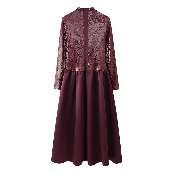 Damen nan festliches Maxikleid mit Paillettenoberteil, Stehkragen, langen Ärmeln und gerafftem Taillenrock Drune