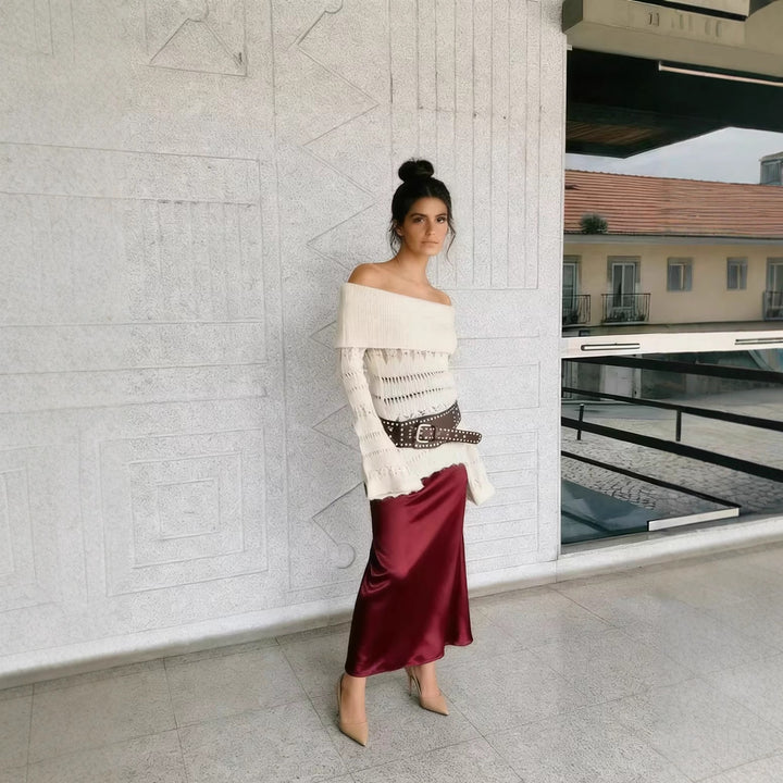 Damen Off-Shoulder Feinstrickpullover mit überfallendem Rollkragen und Trompetenärmeln Drune