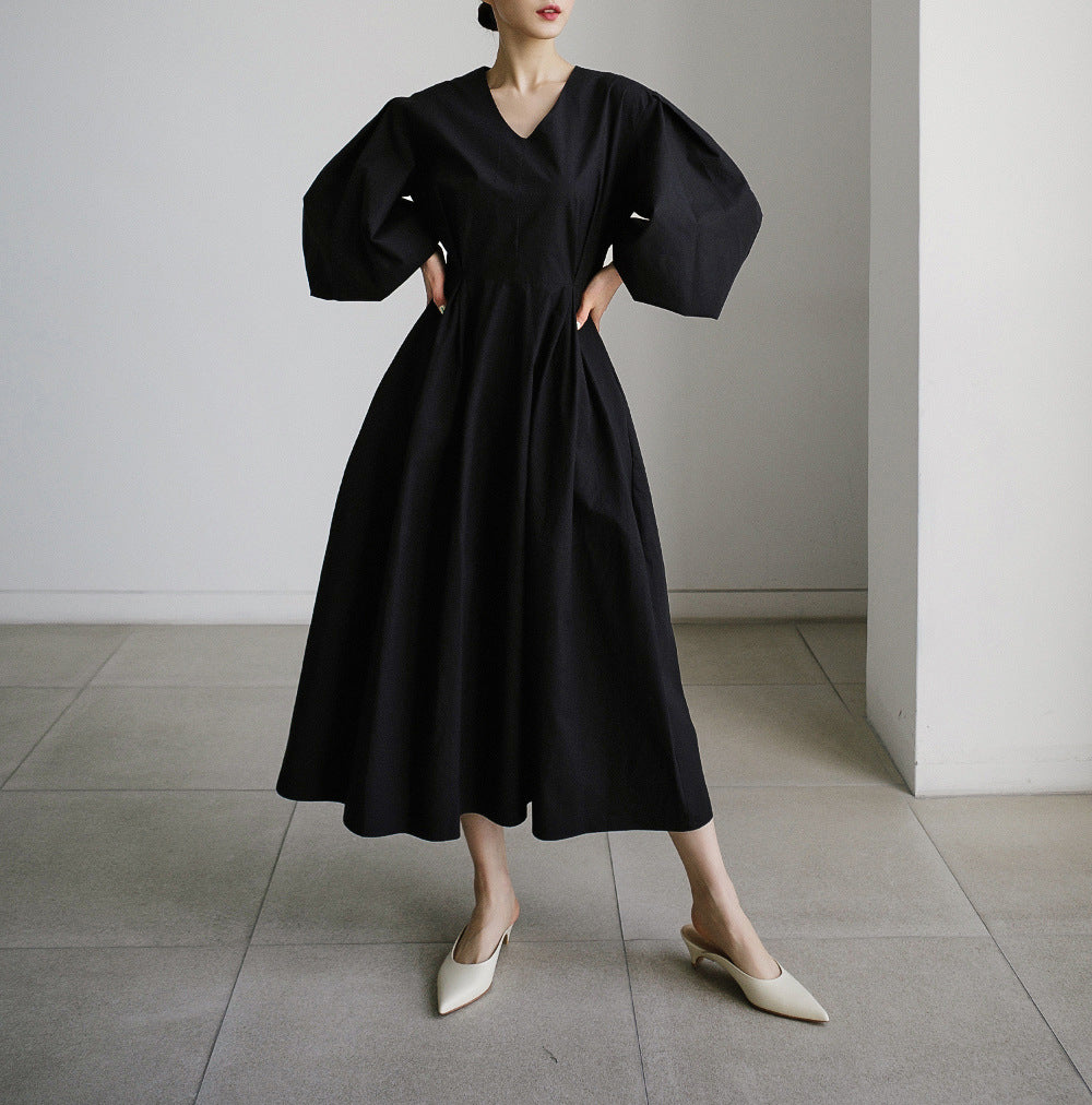 Damen Maxikleid mit weiten Ballonärmeln und seitlichen Eingrifftaschen Drune