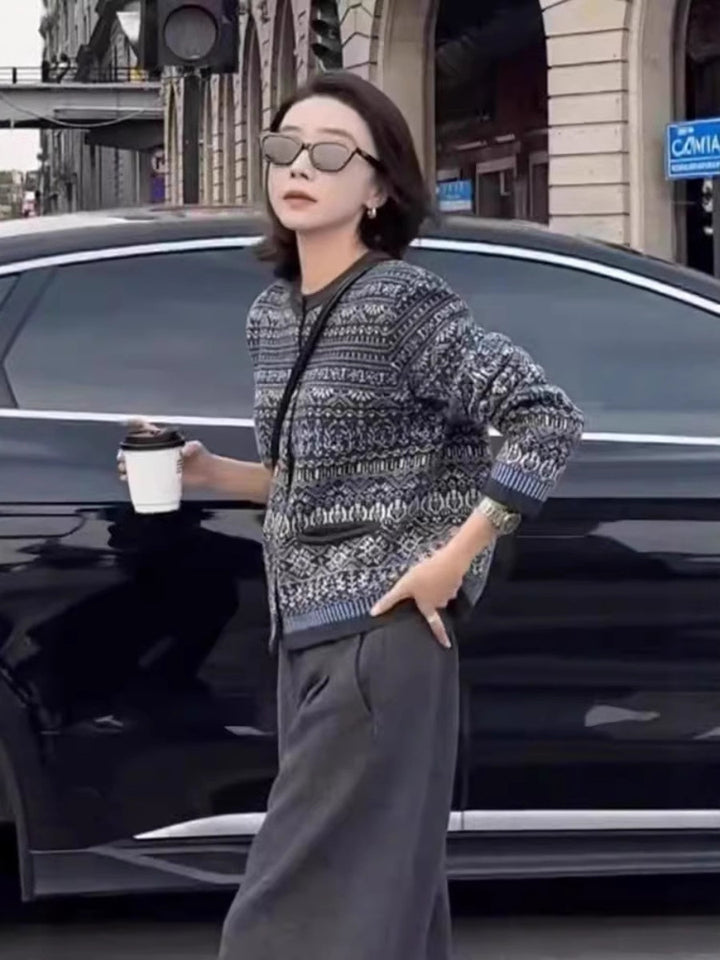Damen Kurzjacke-Cardigan mit Jacquard‑Muster, Rippbündchen und Rundhals Drune