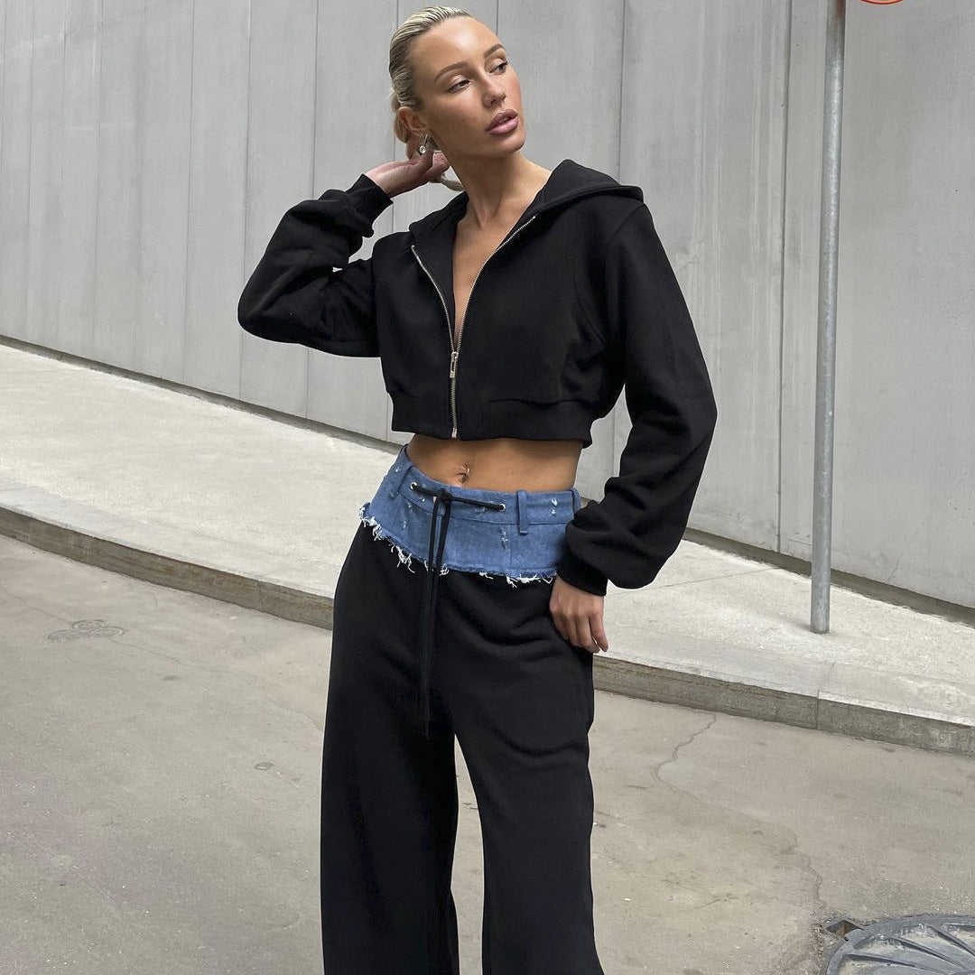 Damen urbanes cropped Sweatjacken-Set mit lässigem Bund Drune