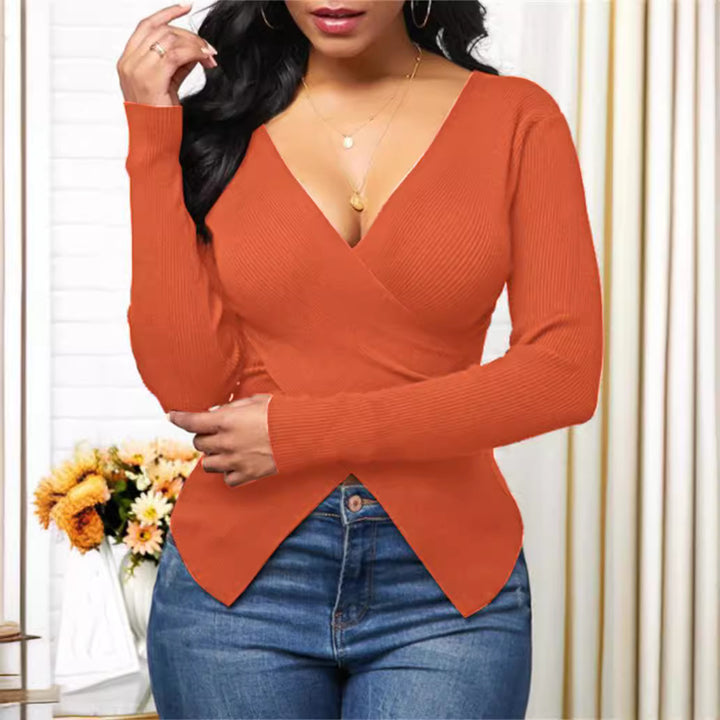 Damen elegantes Wickeloberteil mit strukturiertem Rippstoff und tiefem V-Ausschnitt Drune