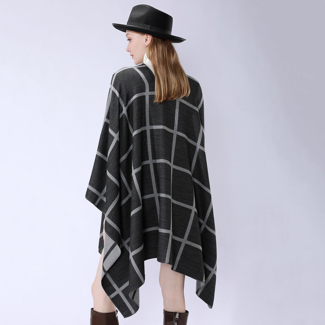 Damen Oversize Wollmix Poncho mit Gürtel und Karomuster Drune