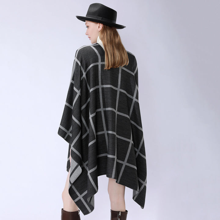 Damen Oversize Wollmix Poncho mit Gürtel und Karomuster Drune