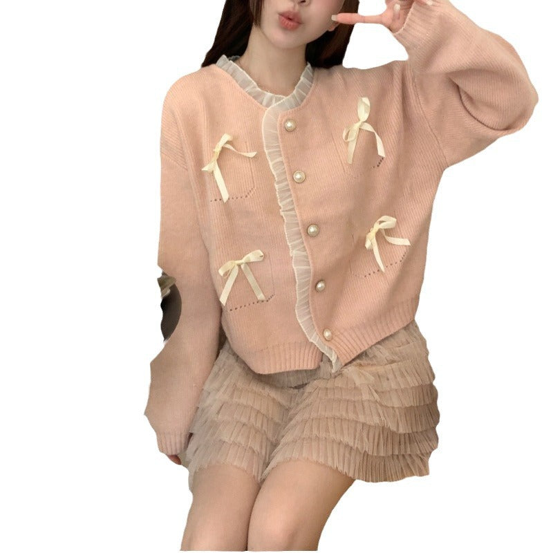 Damen Strickjacke mit verspielten Schleifen und Perlenknöpfen Drune