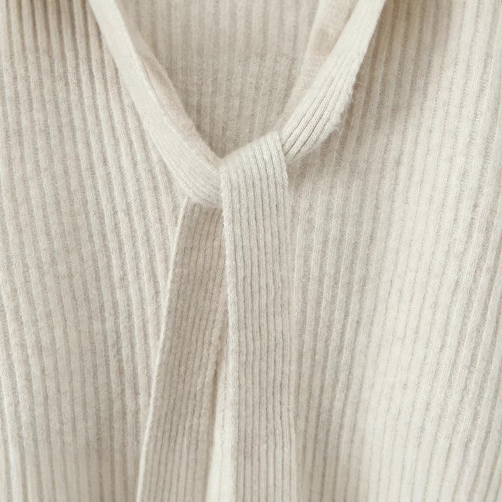 Damen Gerippter Strickzweiteiler mit weitem V-Ausschnitt, langem Schal und Palazzo-Hose Drune
