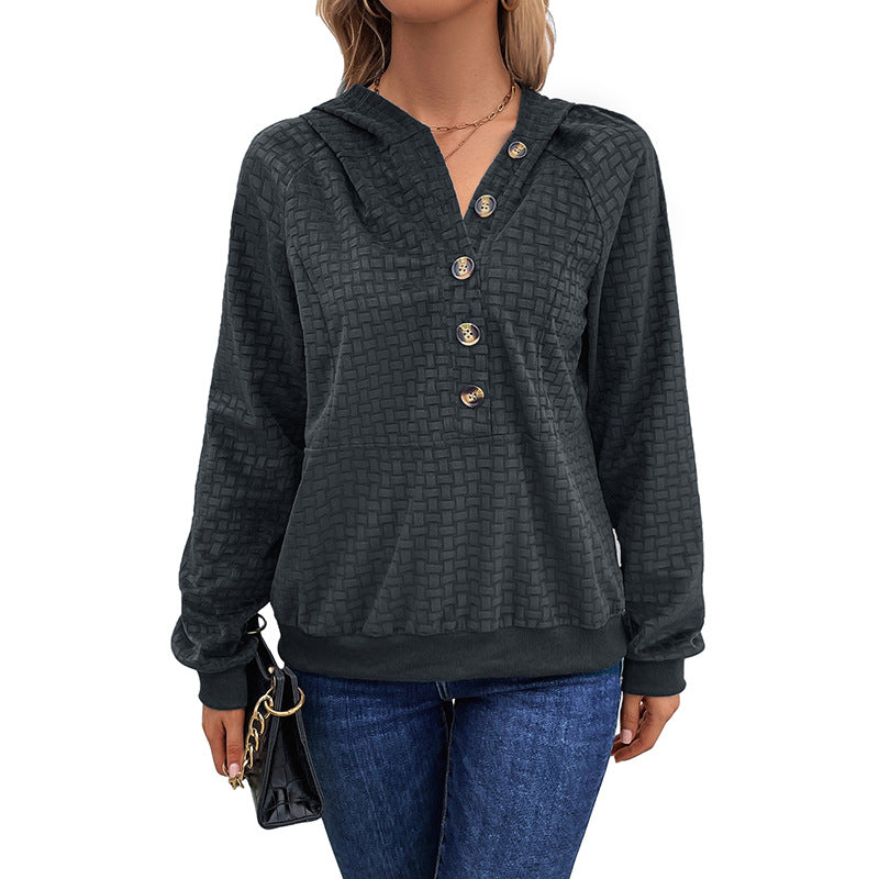 Damen Texturiertes Kapuzen-Henley-Pullover mit Knopfleiste und Kängurutasche Drune