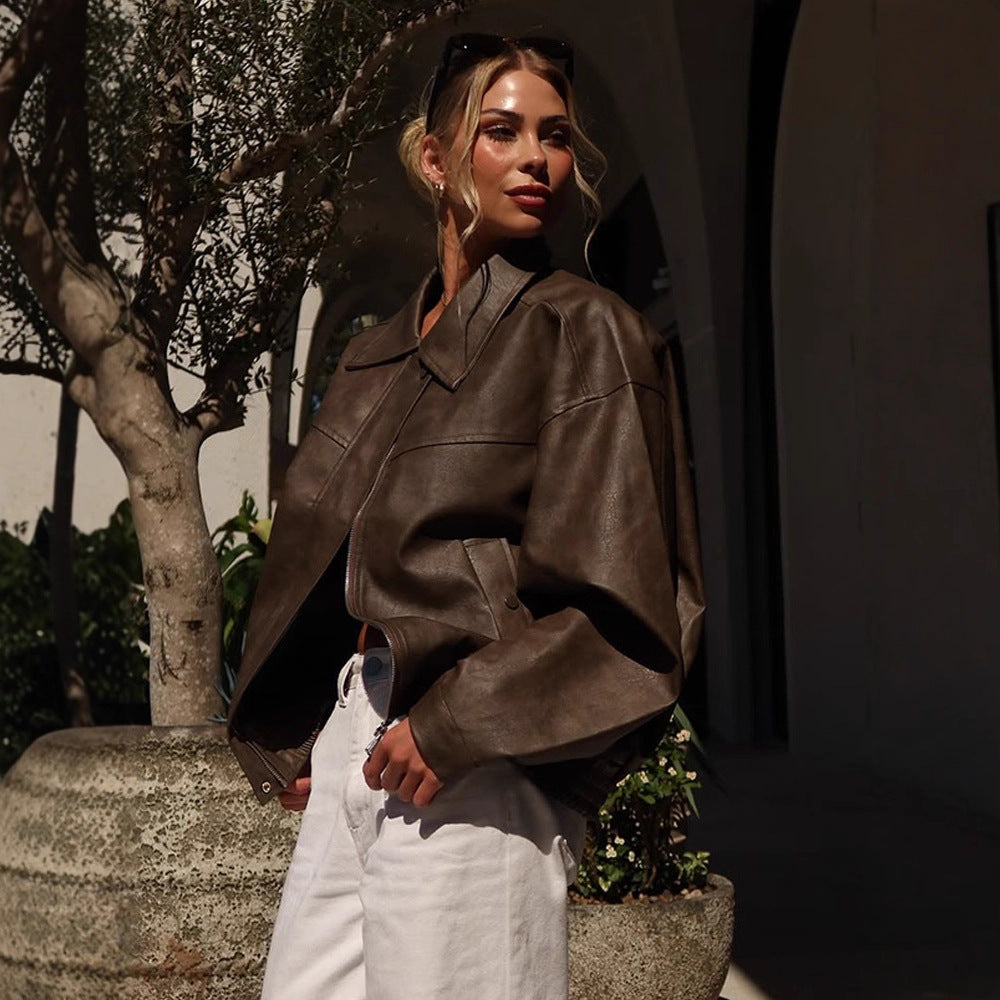 Damen Boxy Cropped Lederimitat‑Blouson mit Oversize‑Schulter Drune