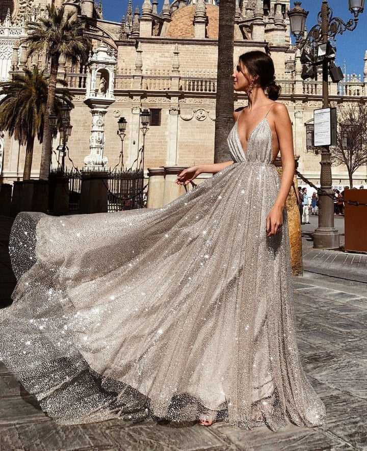 Damen Glamouröses Abendkleid mit tiefem V-Ausschnitt und strahlenden Pailletten Drune