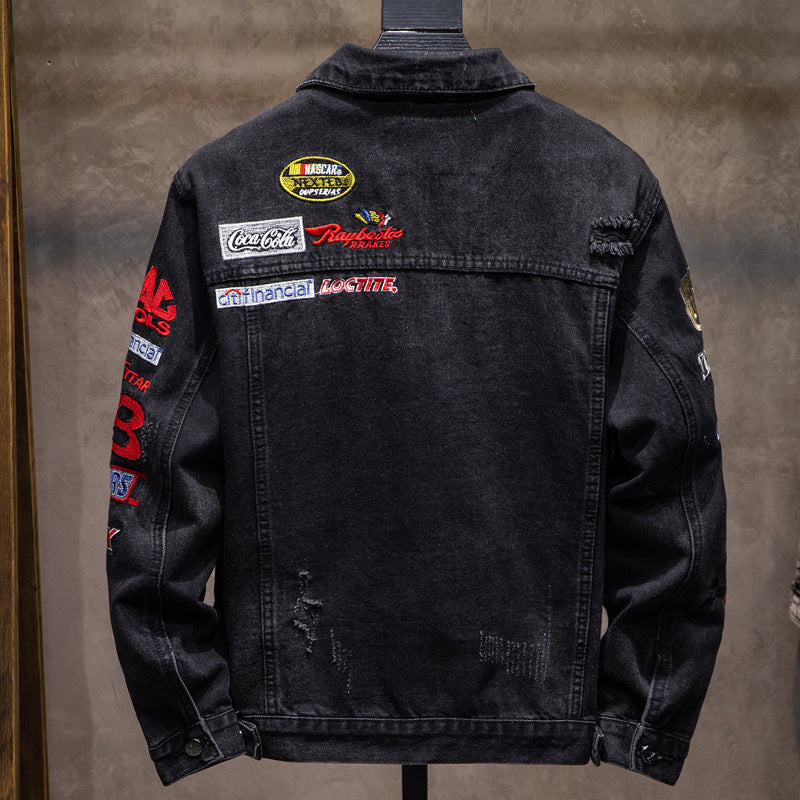 Herren Mode Denimjacke mit kreativen Applikationen Drune