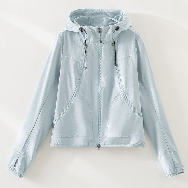 Damen Ultraleichter Kapuzen-Windbreaker mit Zwei-Wege‑Reißverschluss Drune