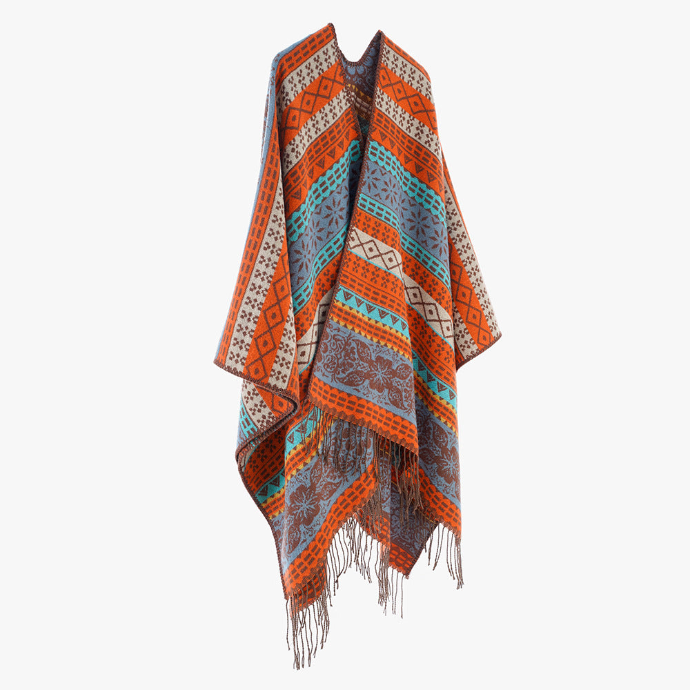 Damen Cape-Poncho mit mehrfarbigem Jacquard, offener Front und Fransensaum Drune