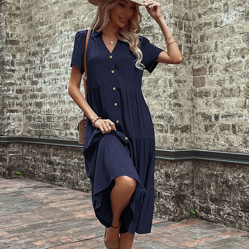Damen lässiges Maxikleid mit Knopfleiste und voluminösen Rüschen Drune