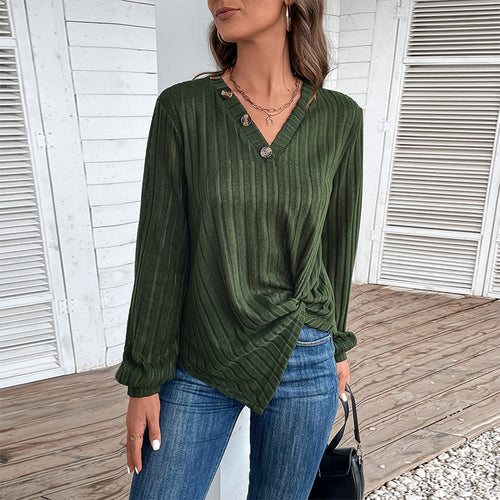 Damen Geripptes V-Ausschnitt Langarmshirt mit Twist-Knoten und Zierknöpfen Drune
