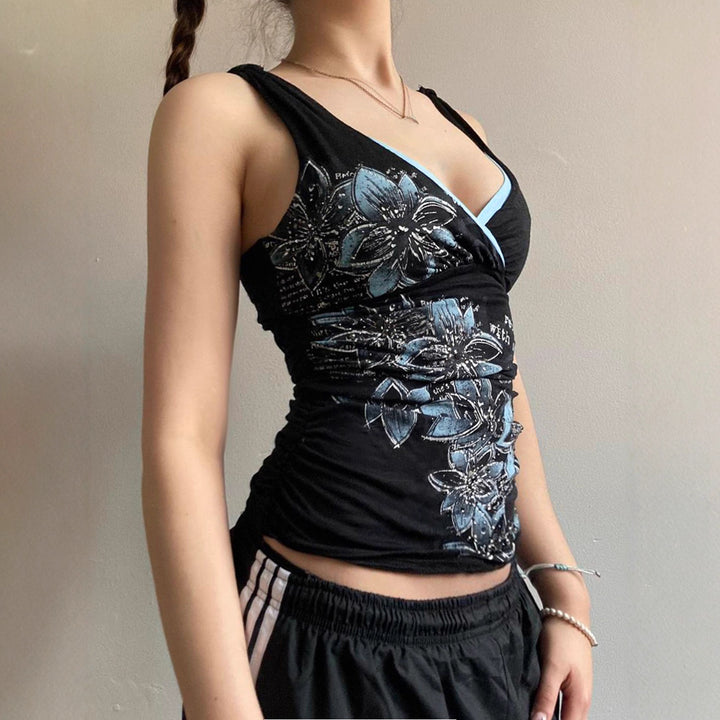 Damen Spaghetti-Trägertop mit floralem Druck und elegantem V-Ausschnitt Drune