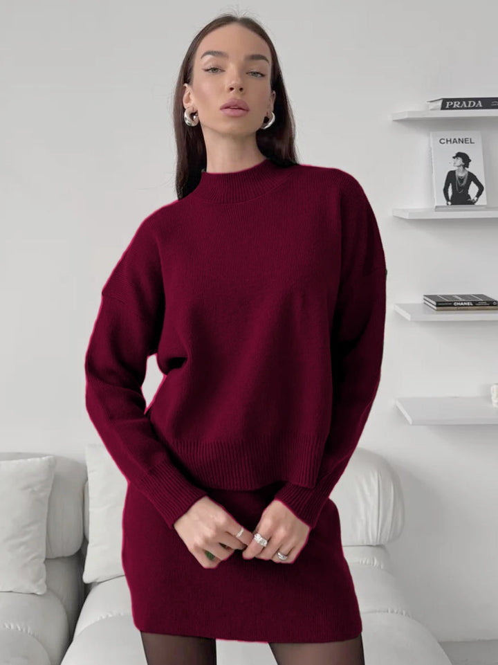 Damen kuscheliges Strickensemble mit hochgeschlossenem Design und ausgestelltem Rock Drune