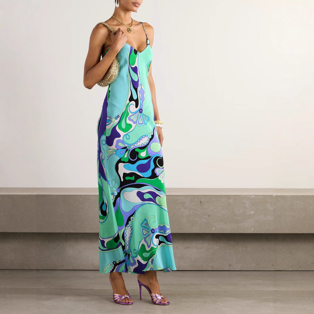 Damen nan elegantes Slip-Maxikleid mit V-Ausschnitt, filigranen Spaghettiträgern und retro-grafischem Allover-Print Drune