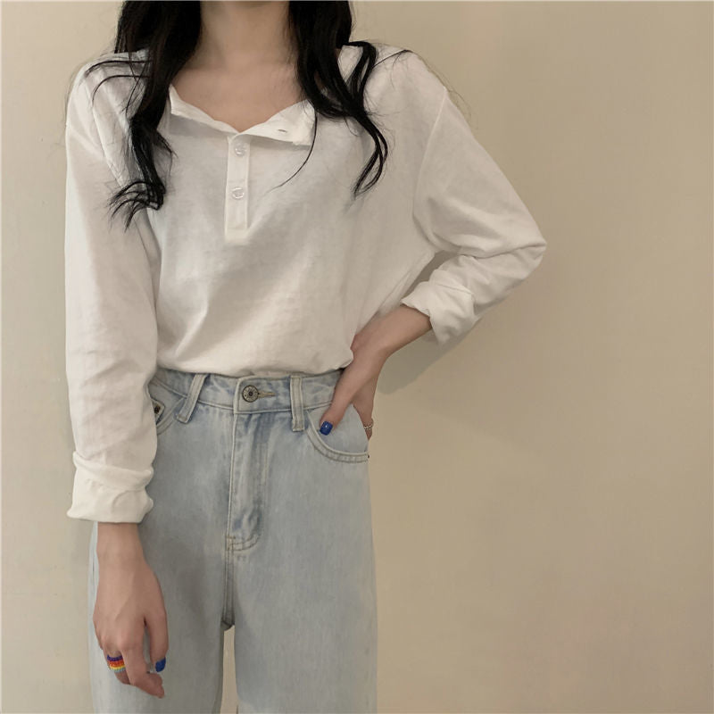 Damen Langarm-Henley-Shirt mit modernem Kragen und durchgehender Knopfleiste Drune