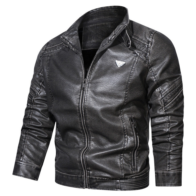 Herren Kunstleder‑Fliegerblouson im Used‑Denim‑Look mit Stehkragen und Reißverschlusstaschen Drune