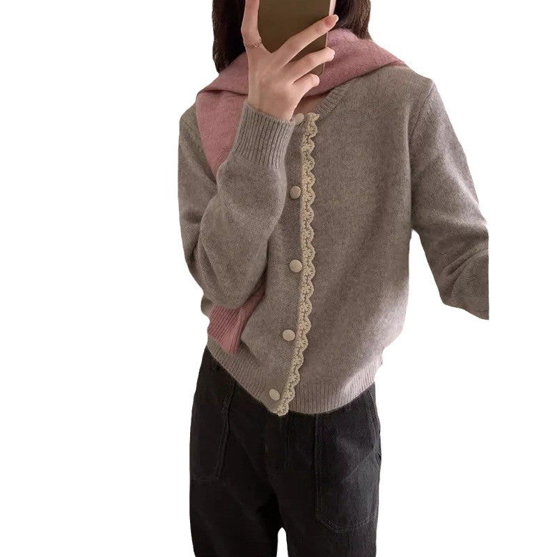 Damen elegante Strickjacke mit Spitzenverzierung und Knopfdetails Drune