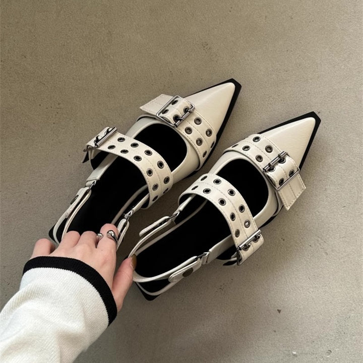 Damen Spitz zulaufende Slingback‑Flats mit doppelten Ösen‑Riemen und verstellbarer Schnalle Drune