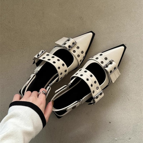 Damen Spitz zulaufende Slingback‑Flats mit doppelten Ösen‑Riemen und verstellbarer Schnalle Drune