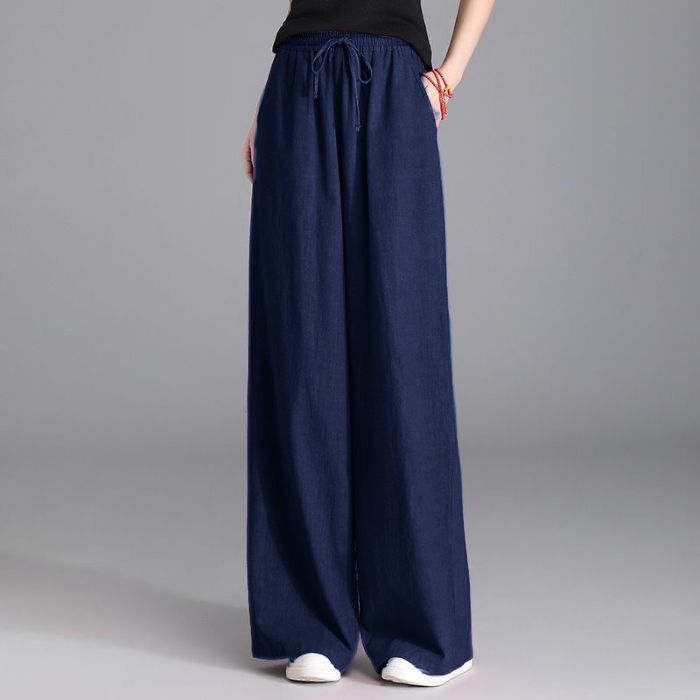 Damen nan weite Palazzo Leinenhose mit elastischem Kordelbund und Seitentaschen Drune