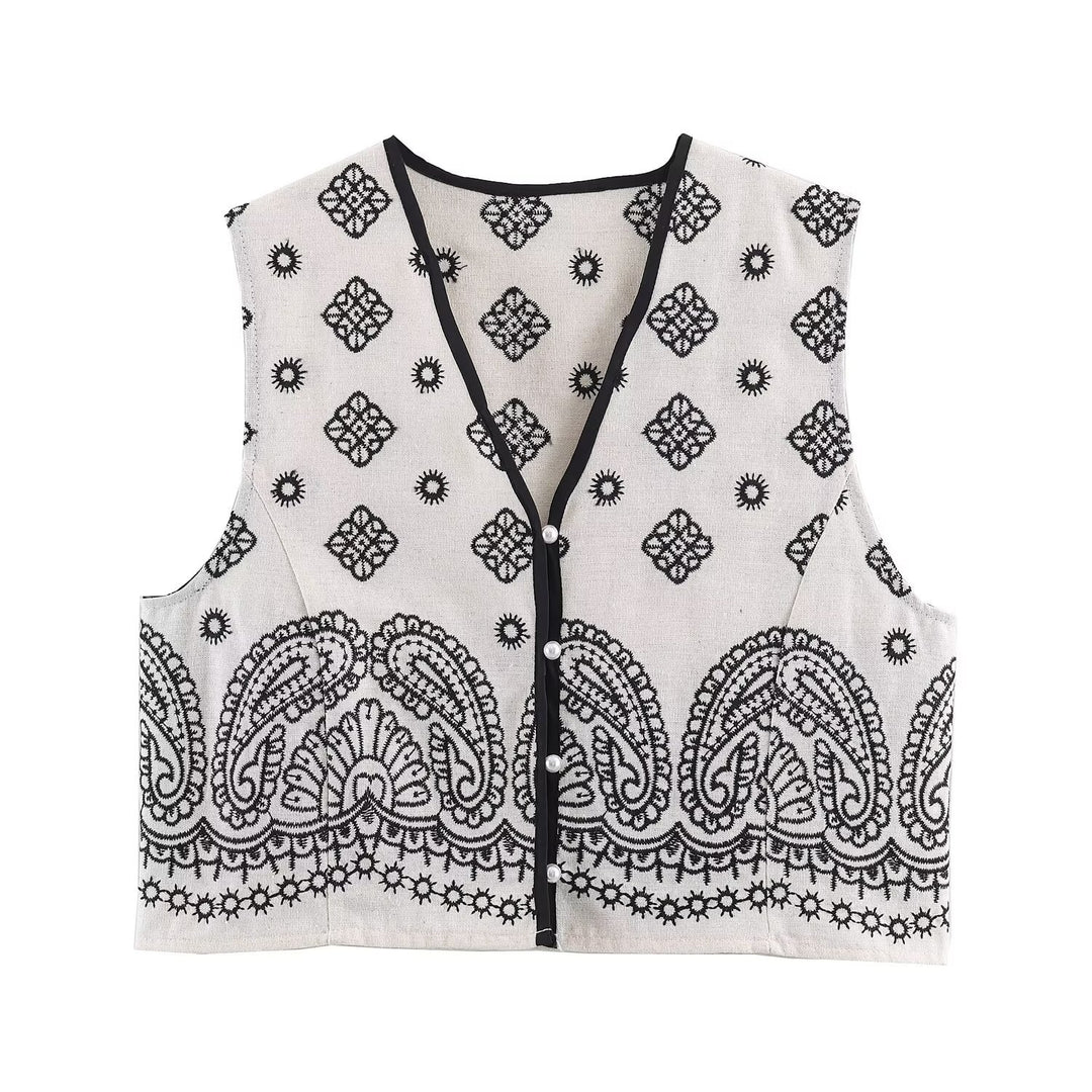 Damen Ärmellose bestickte Weste mit Paisley‑Motiv und Perlmuttknopfleiste Drune
