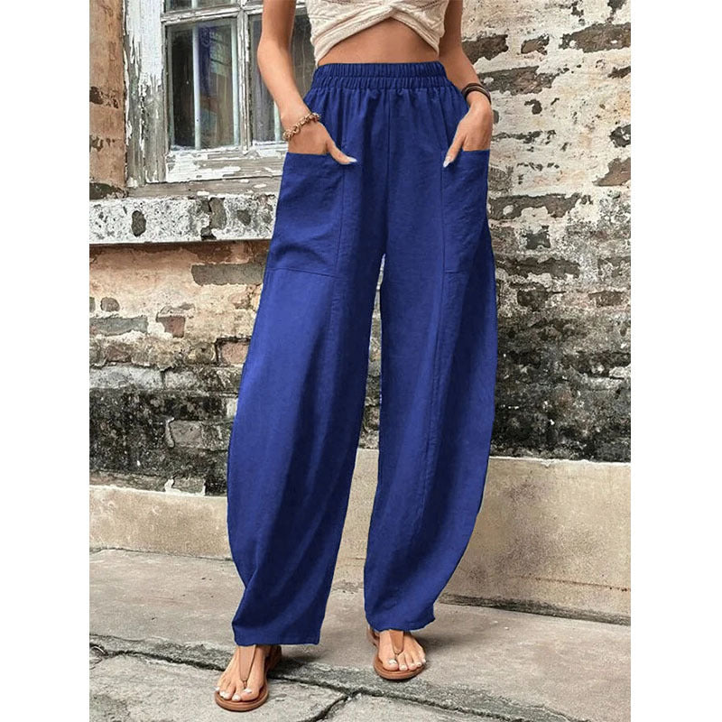 Damen Weite Leinenhose mit elastischem Bund, aufgesetzten Taschen und lässigem Harem-Schnitt Drune