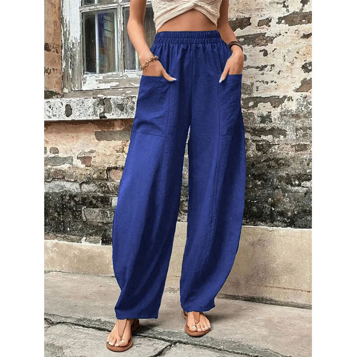 Damen Weite Leinenhose mit elastischem Bund, aufgesetzten Taschen und lässigem Harem-Schnitt Drune