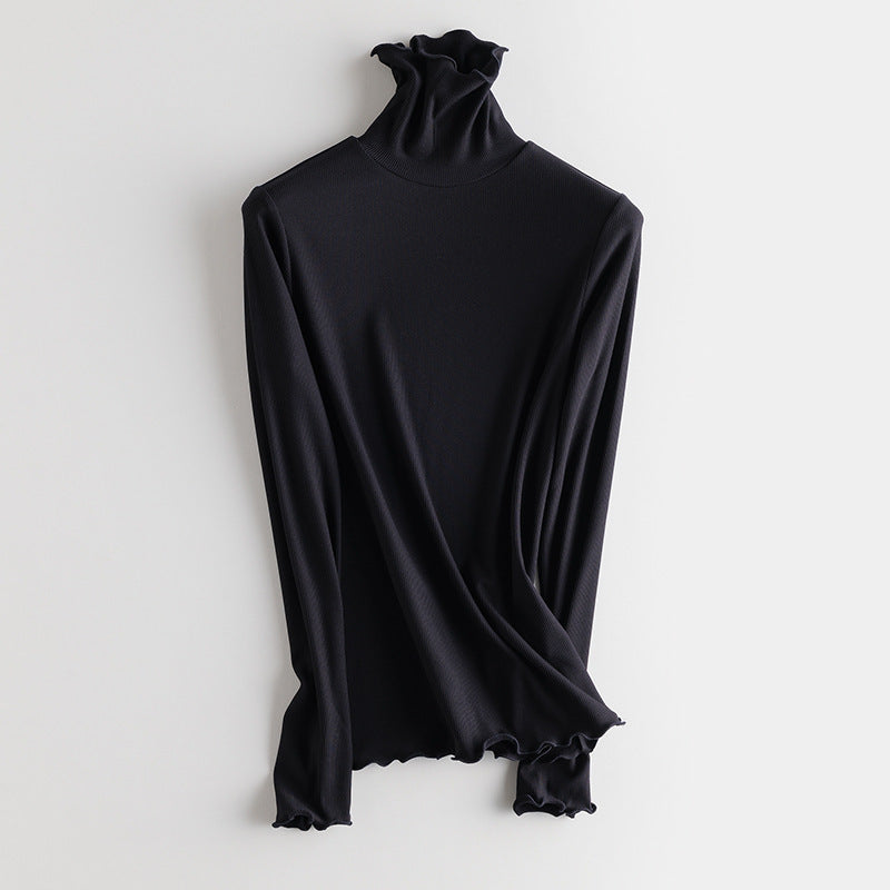 Damen Feines Ripp-Langarmshirt mit Rollkragen und Volantkanten Drune