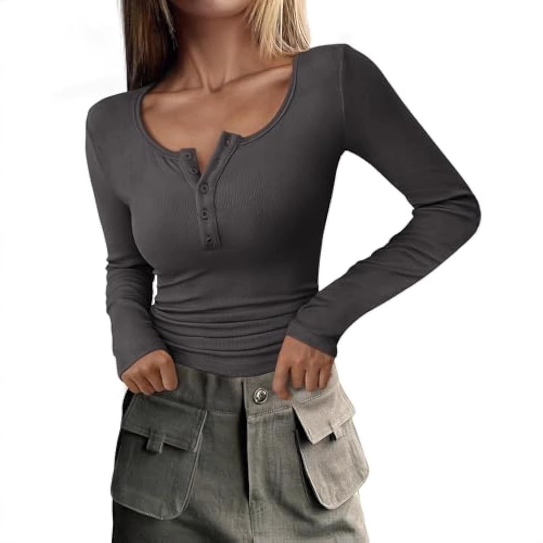 Damen Langärmeliges Rippshirt mit Henley-Knopfleiste und taillierter Passform Drune