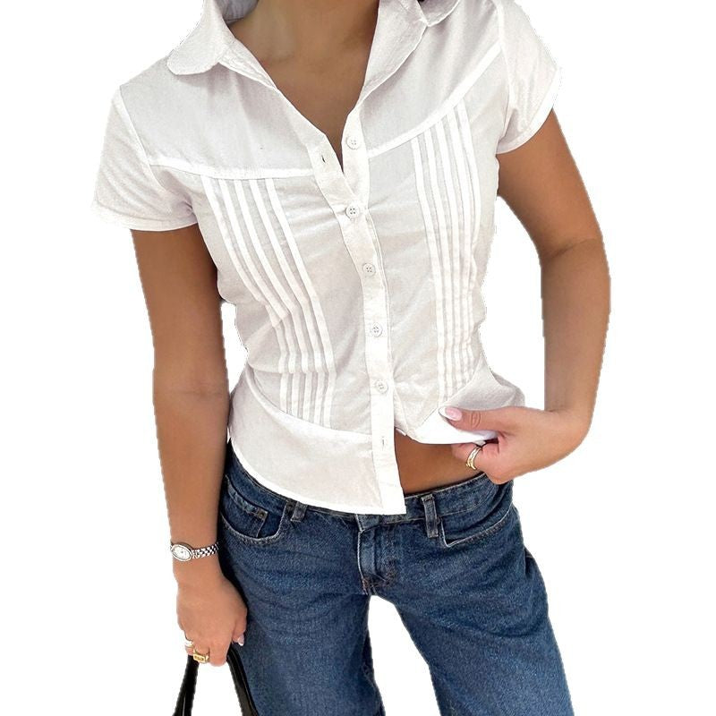 Damen kurzärmliges Hemdblusenshirt mit tailliertem Schnitt und eleganten Raffungen Drune