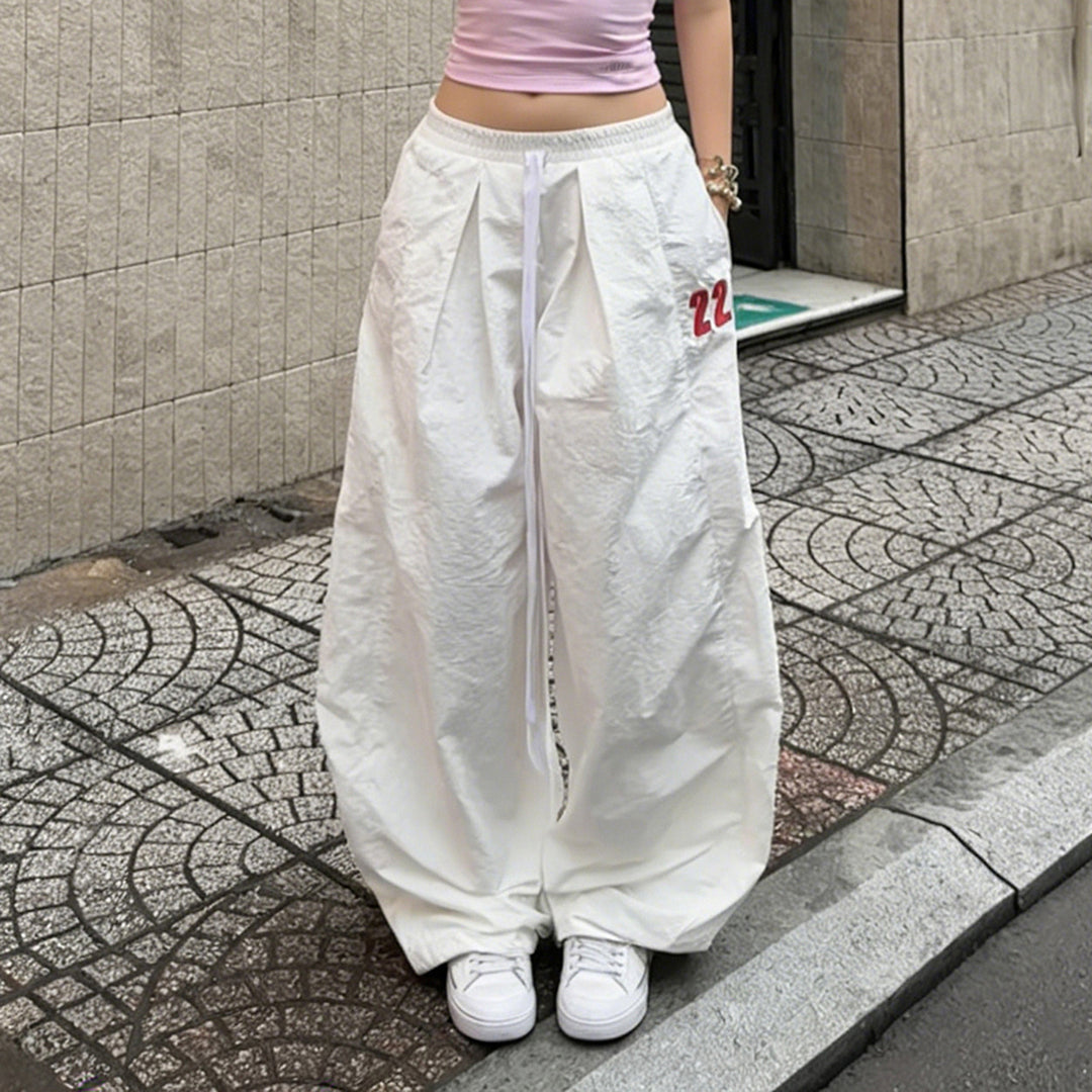 Damen Weite Leinenhose mit hohem Elastikbund, Kordelzug und legerem Palazzoschnitt Drune