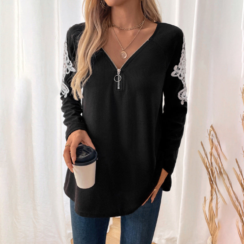 Damen Lässiges Longsleeve-Tunika-Shirt mit V‑Reißverschluss und Spitzenapplikation Drune