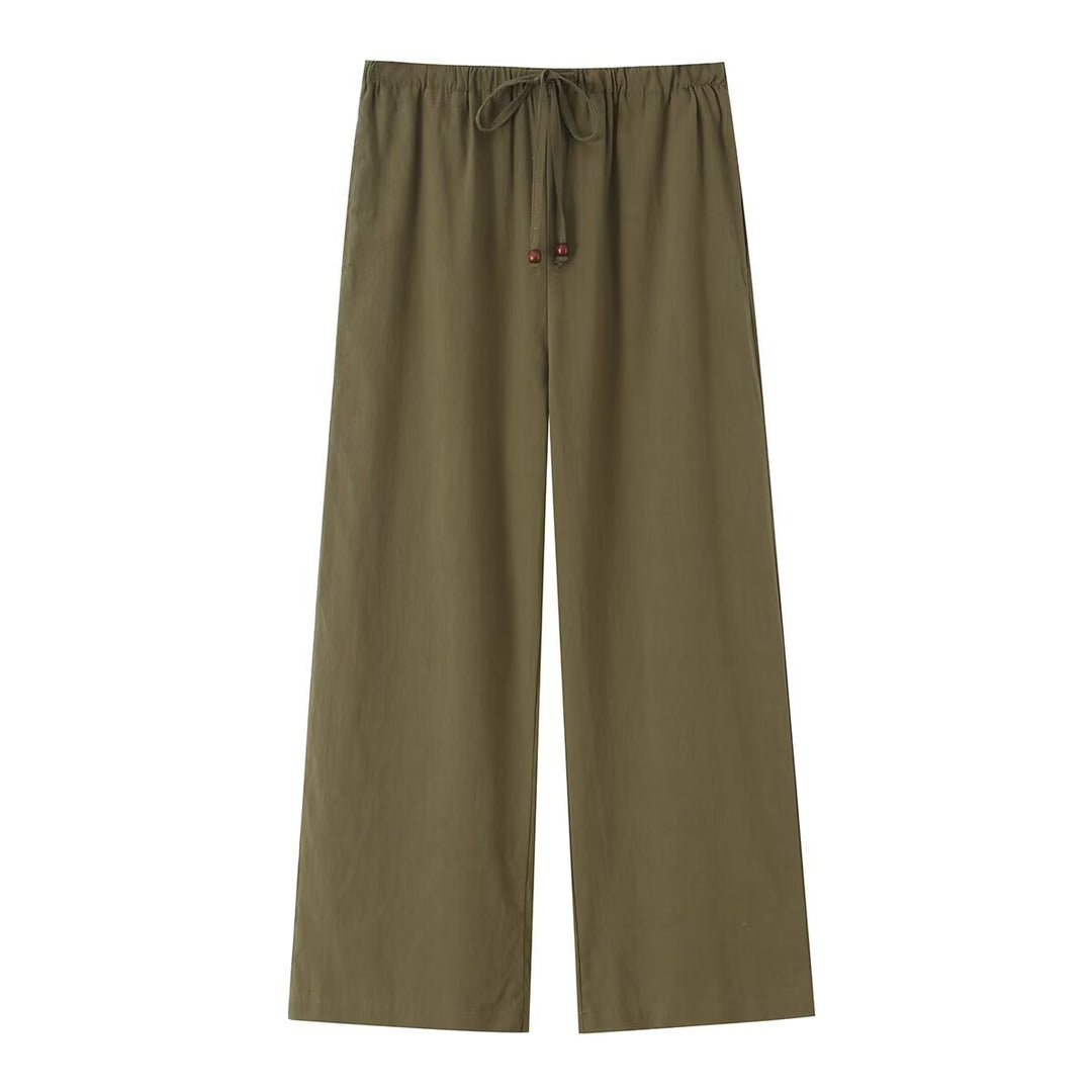 Damen Leichte weite Leinenoptik-Hose mit elastischem Tunnelzug und Holzperlen Drune