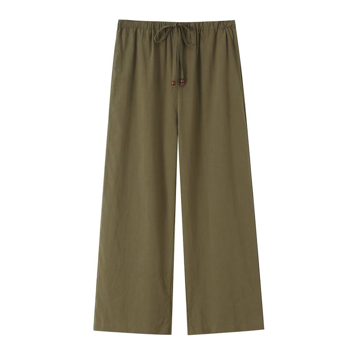 Damen Leichte weite Leinenoptik-Hose mit elastischem Tunnelzug und Holzperlen Drune