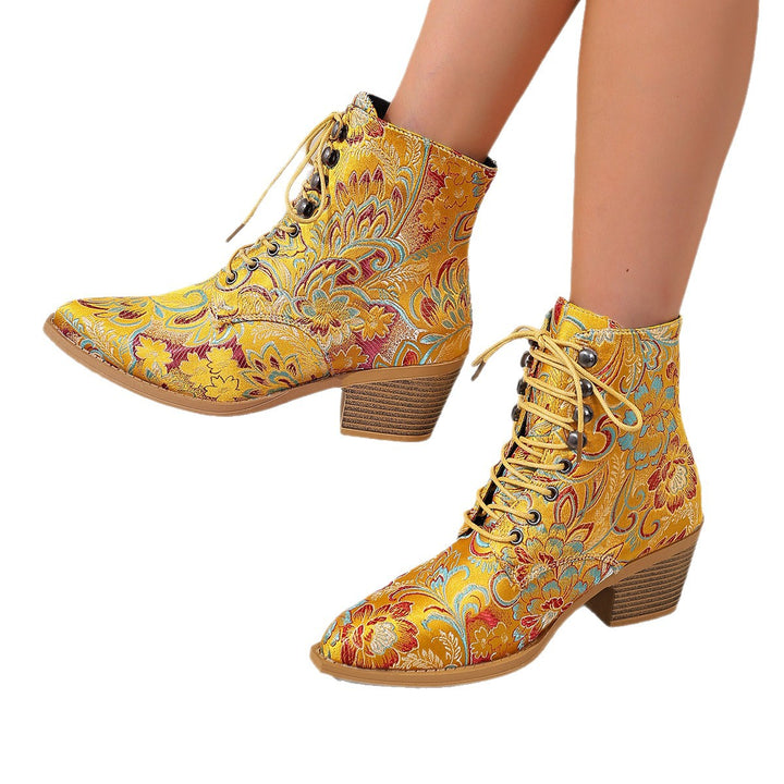 Damen bestickte Schnür-Stiefelette mit Jacquard-Brokatmuster und niedrigem Blockabsatz Drune