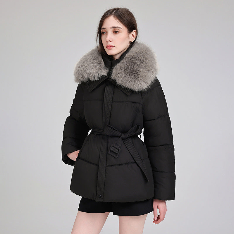 Damen nan luxuriöse kurze Pufferjacke mit integriertem Windschutzkragen und Taillengürtel Drune